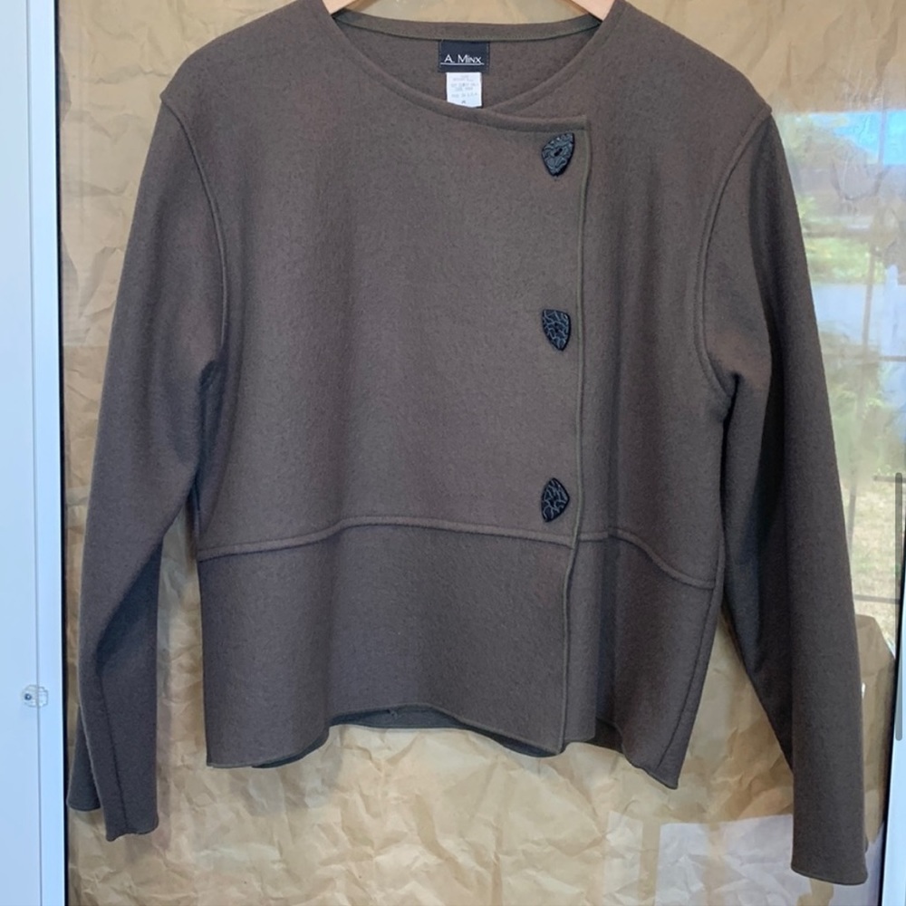 A. Minx | Brown 100% Merino Wool 3 Geometric Toggle Button Blazer Jacket USA M